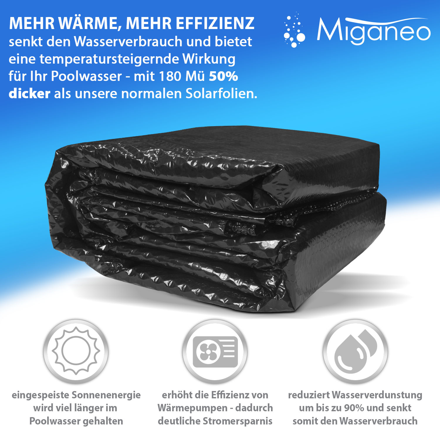 Miganeo Pool Solarfolie 800 x 400 cm Deluxe rechteckig | 180 my | schwarz | 12 mm Luftblasen