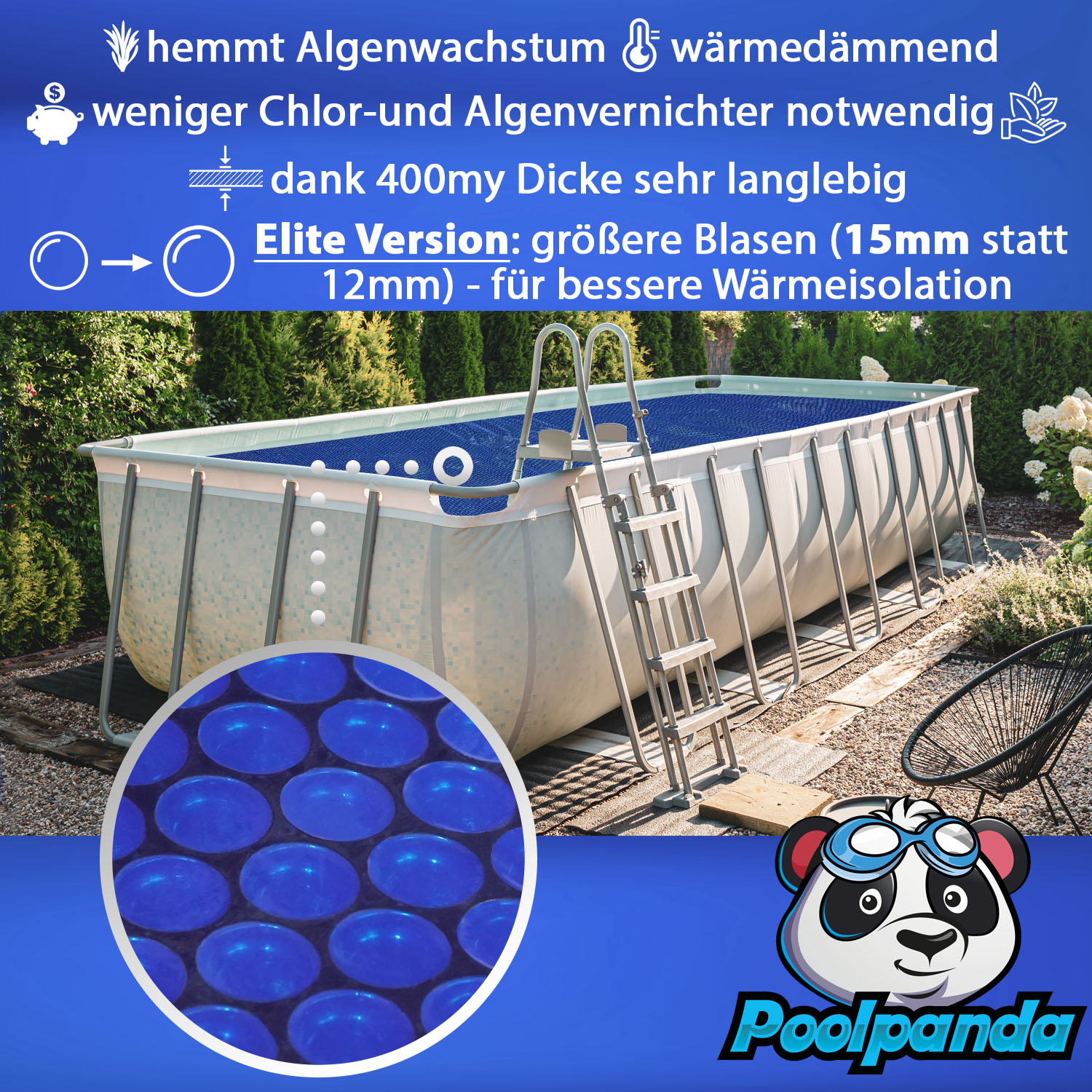 Poolpanda Pool Solarfolie 400 x 200 cm Elite rechteckig | 400 my | schwarz/blau | 15 mm Luftblasen