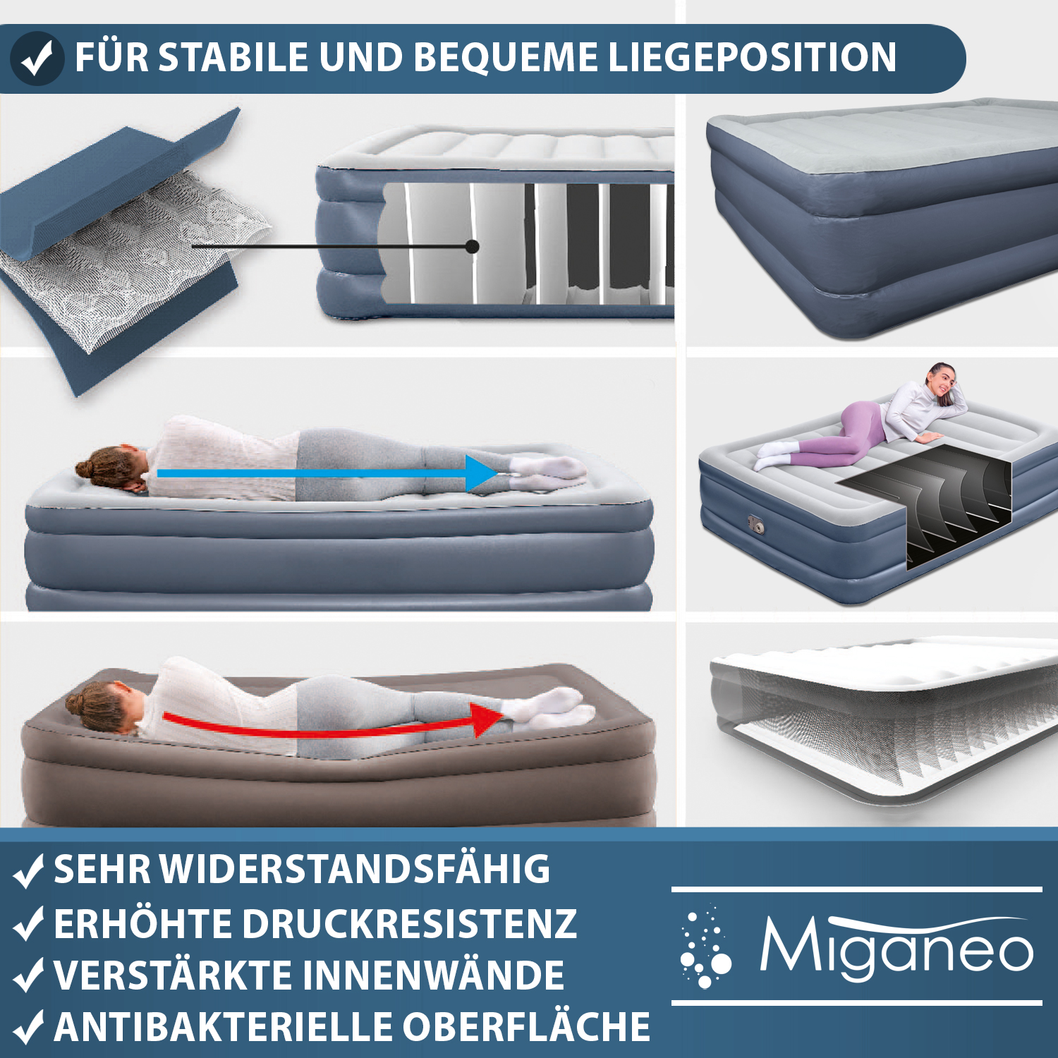 Miganeo Luftbett 203 x 152 x 51 cm Deluxe | mit integrierter Elektropumpe
