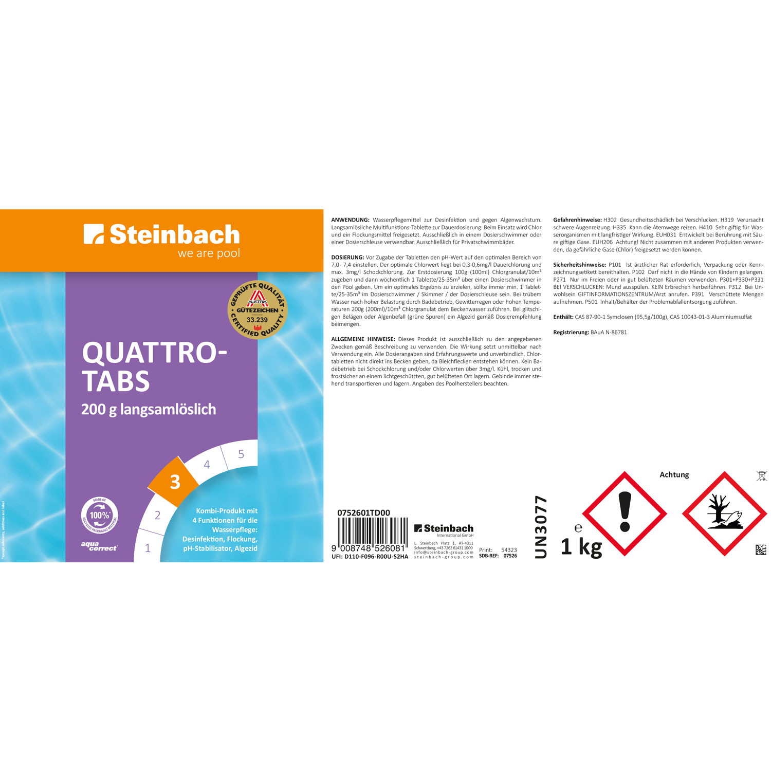 Steinbach Quattrotabs | langsamlösliche 200 g Tabletten | 1 kg
