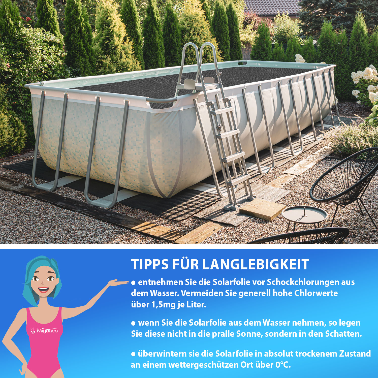 Miganeo Pool Solarfolie 450 x 220 cm Deluxe rechteckig | 180 my | schwarz | 12 mm Luftblasen