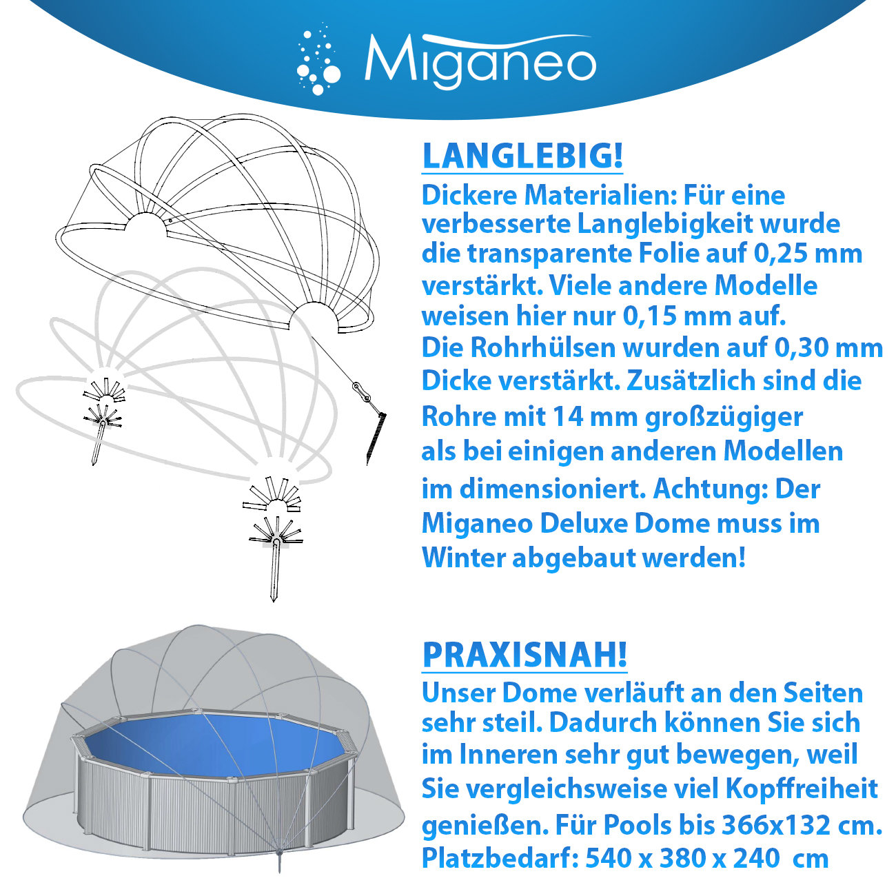Miganeo Deluxe Cabrio Dome für Pools bis 366x132 cm | 240 cm hoch