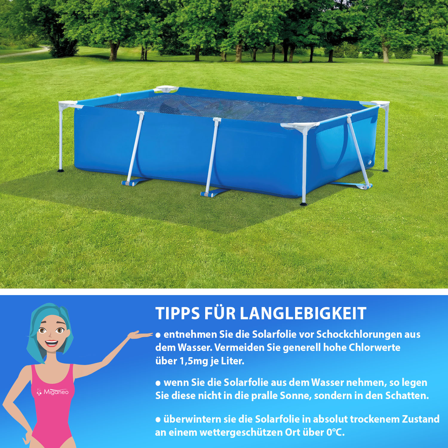 Miganeo Pool Solarfolie 260 x 160 cm rechteckig | schwarz/blau