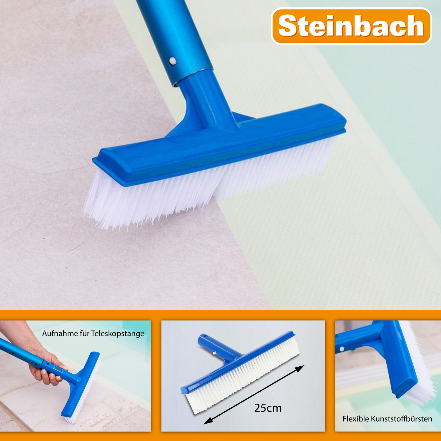 Steinbach Pool Beckenbürste 25 cm | blau | mit Aufnahme für Teleskopstange