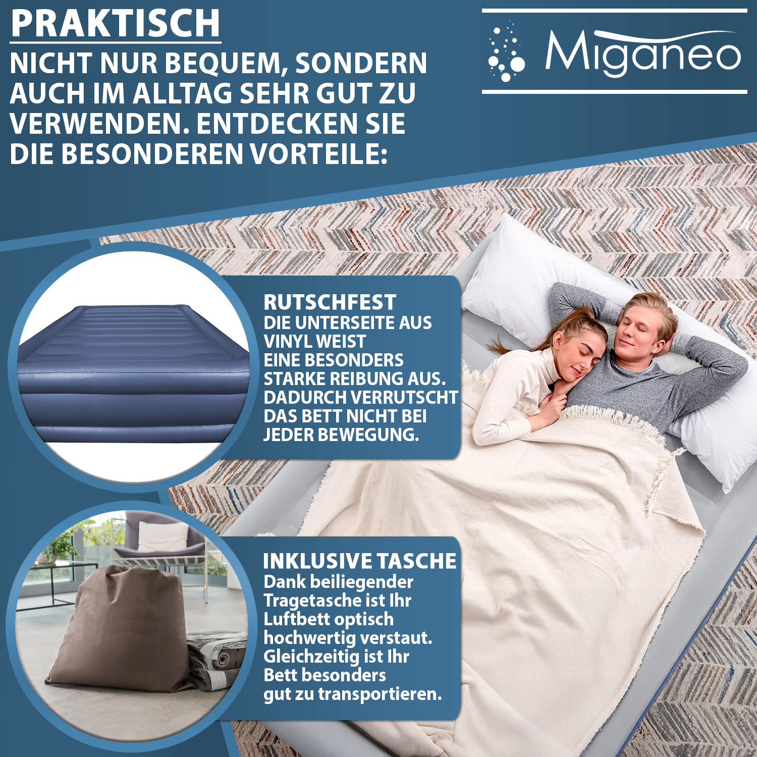 Miganeo Luftbett 203 x 152 x 51 cm Deluxe | mit integrierter Elektropumpe