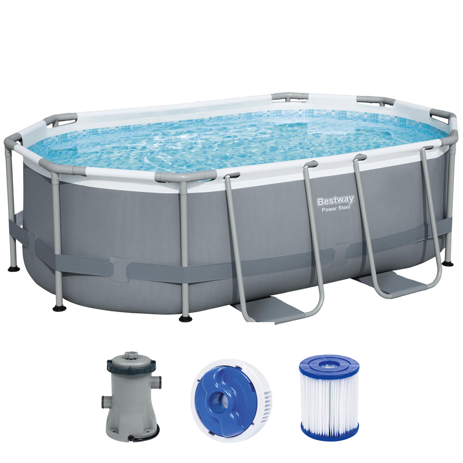Bestway Frame Pool 305 x 200 x 84 cm | Ovaler Pool mit Kartuschenfilteranlage