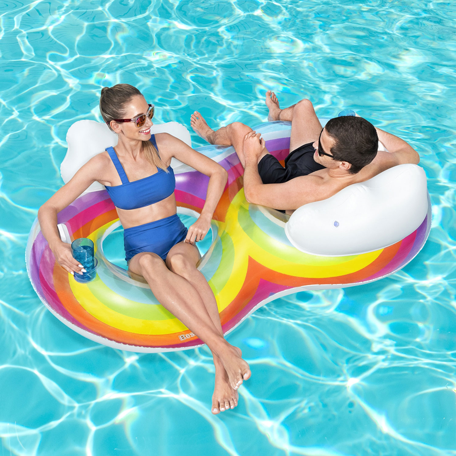 Bestway Schwimmring 186 x 116 cm Rainbow Dreams | für 2 Personen mit Kopfstütze