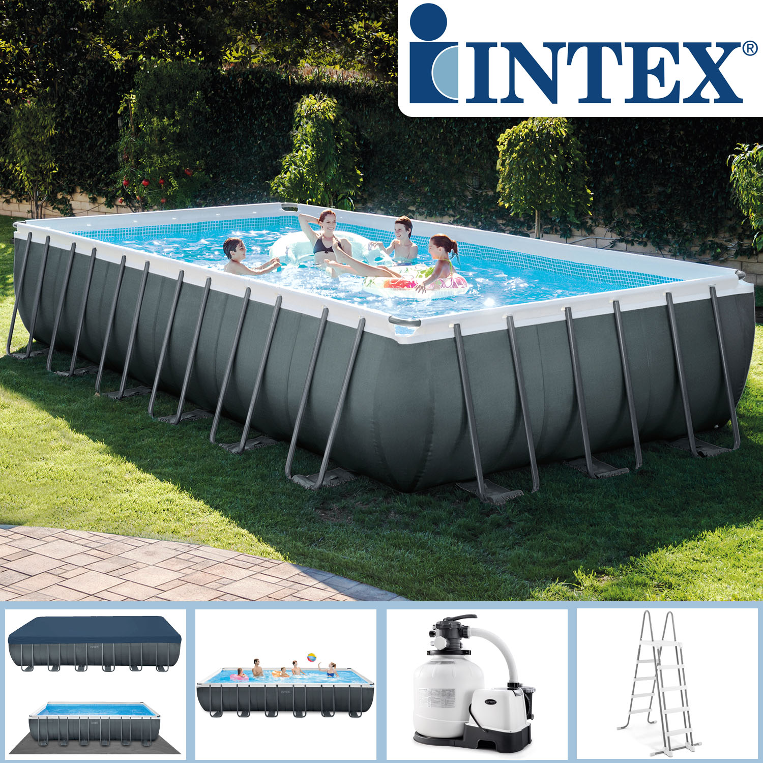 Intex Frame Pool 732 x 366 x 132 cm Komplettset | Rechteckpool mit Zubehör