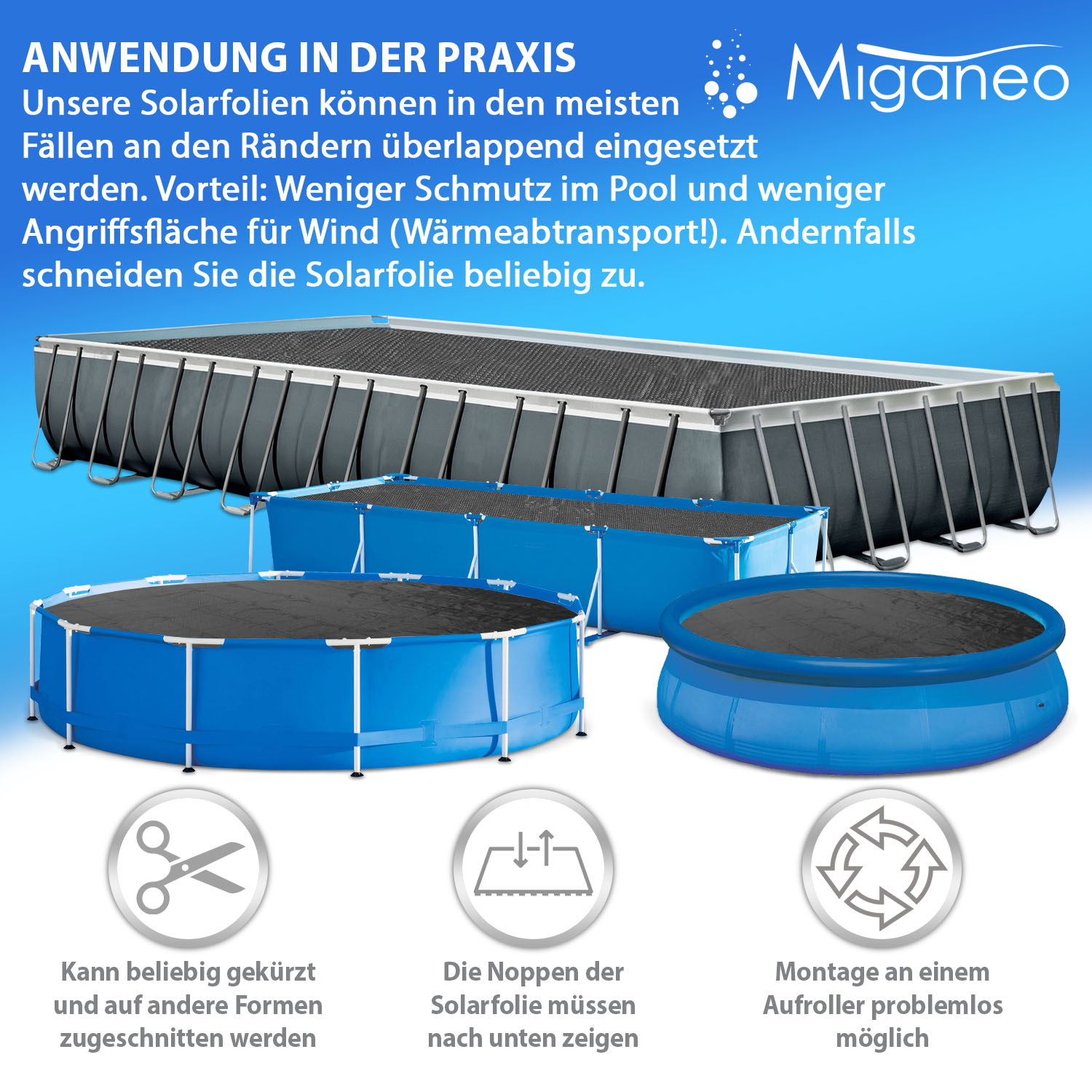Miganeo Pool Solarfolie 450 x 220 cm Deluxe rechteckig | 180 my | schwarz | 12 mm Luftblasen