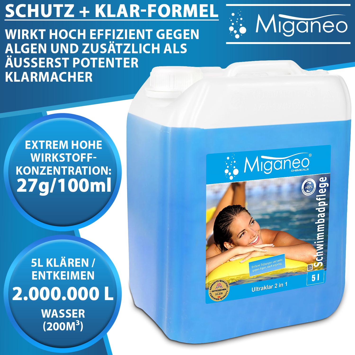 Miganeo Ultraklar 2 in 1 schaumfrei | Algezid + Klarmacher | 5 Liter