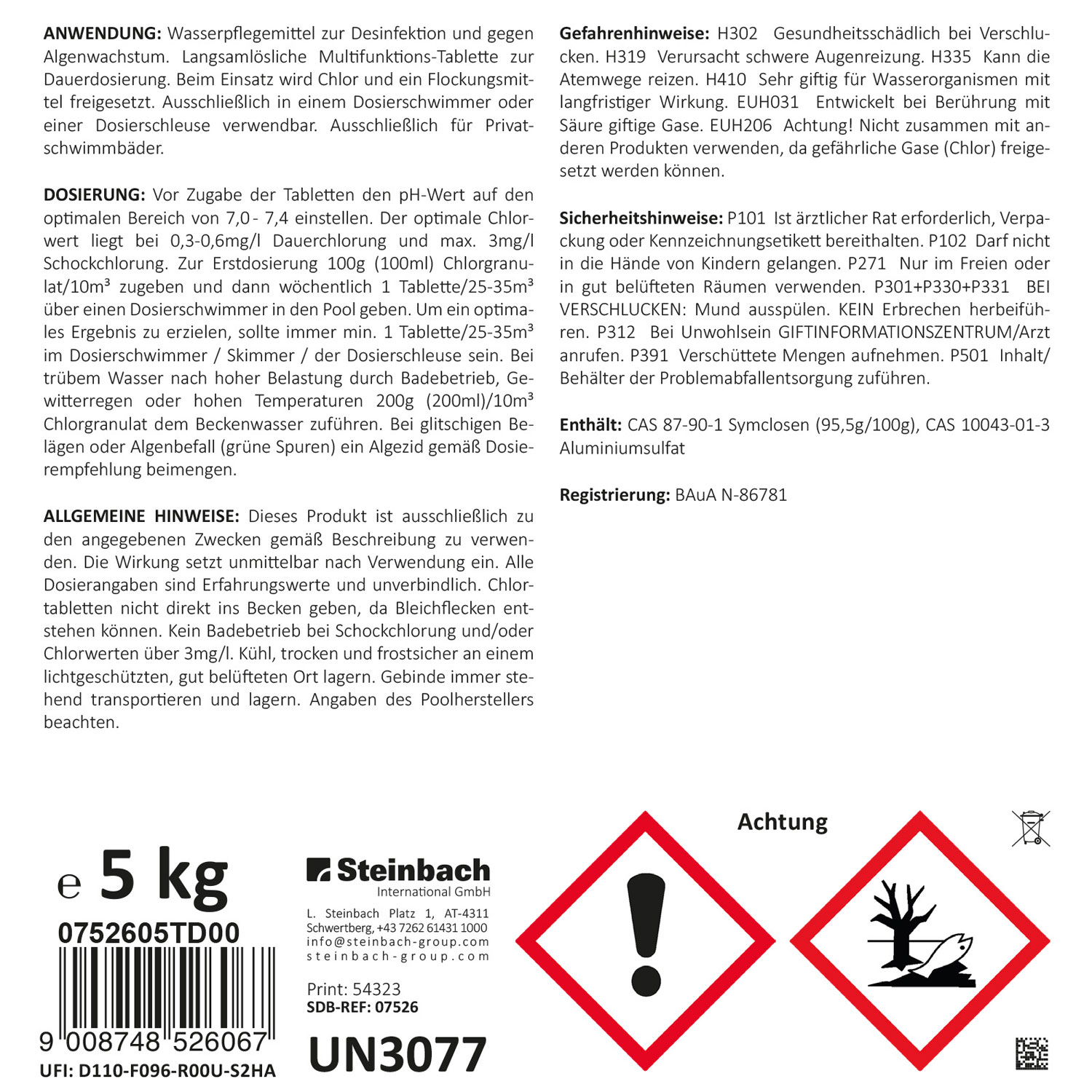 Steinbach Quattrotabs | langsamlösliche 200 g Tabletten | 5 kg