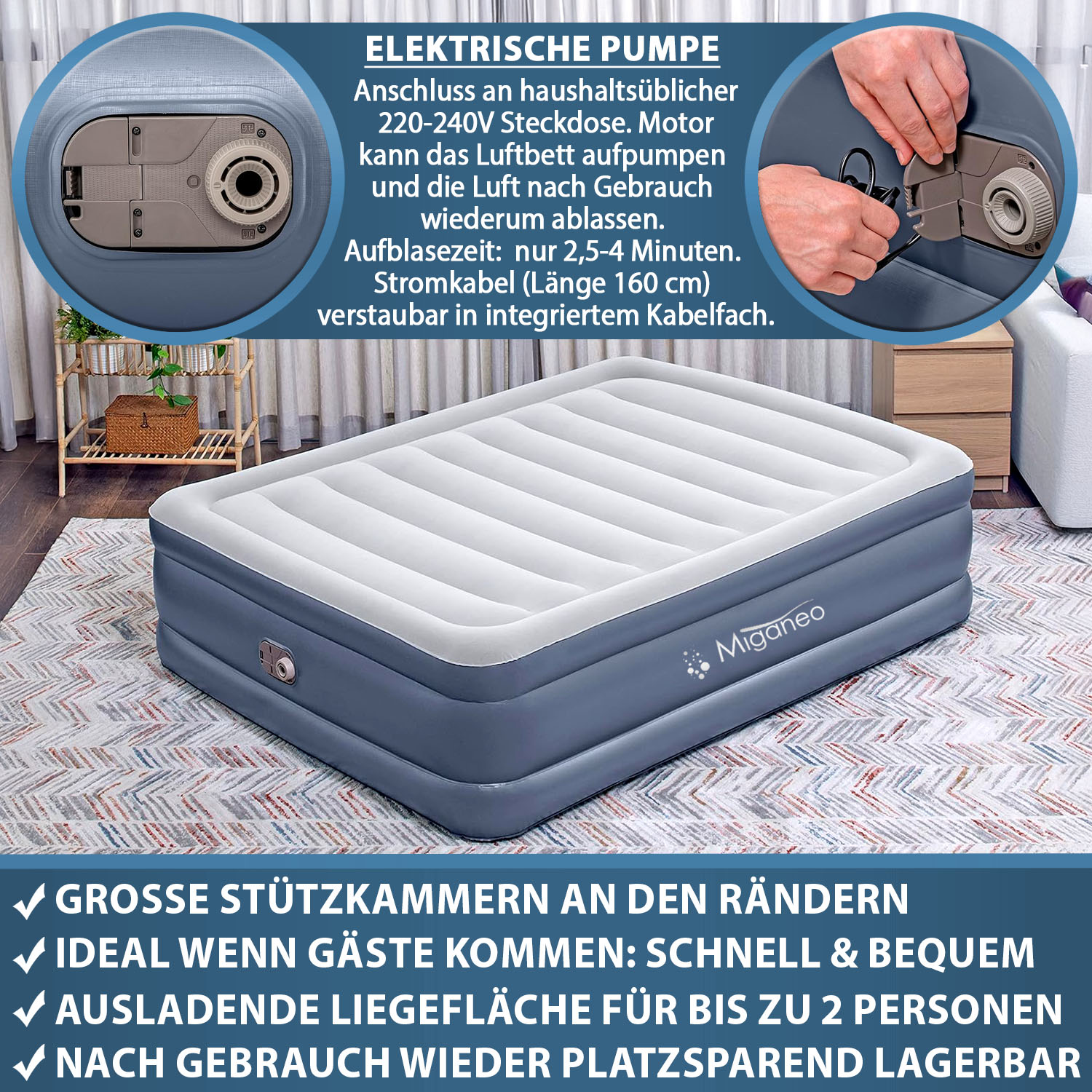 Miganeo Luftbett 203 x 152 x 51 cm Deluxe | mit integrierter Elektropumpe