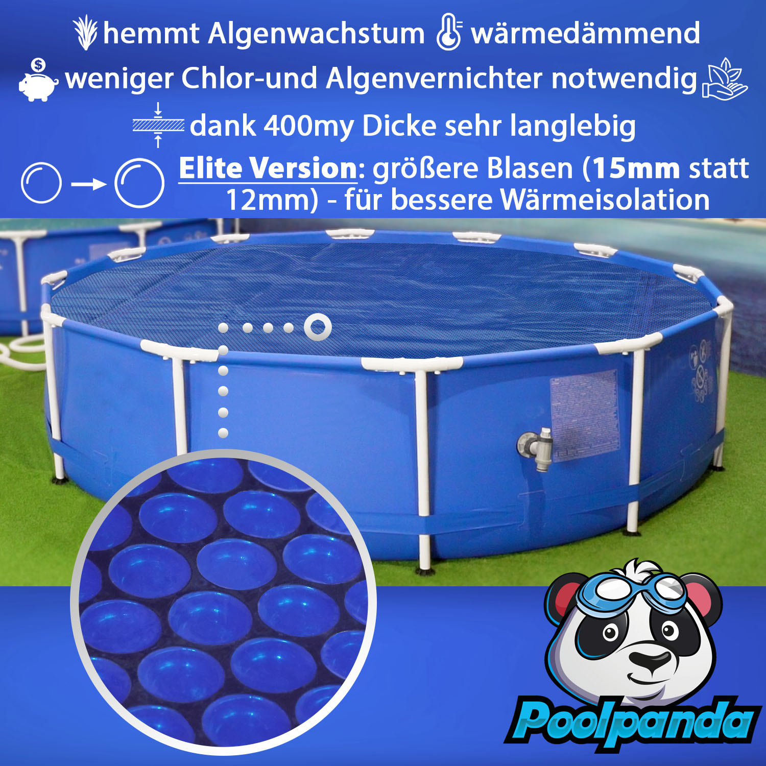 Poolpanda Pool Solarfolie Ø 366 cm Elite rund | 400 my | schwarz/blau | 15 mm Luftblasen
