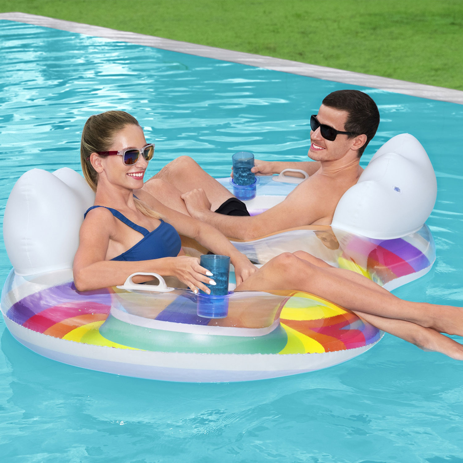 Bestway Schwimmring 186 x 116 cm Rainbow Dreams | für 2 Personen mit Kopfstütze