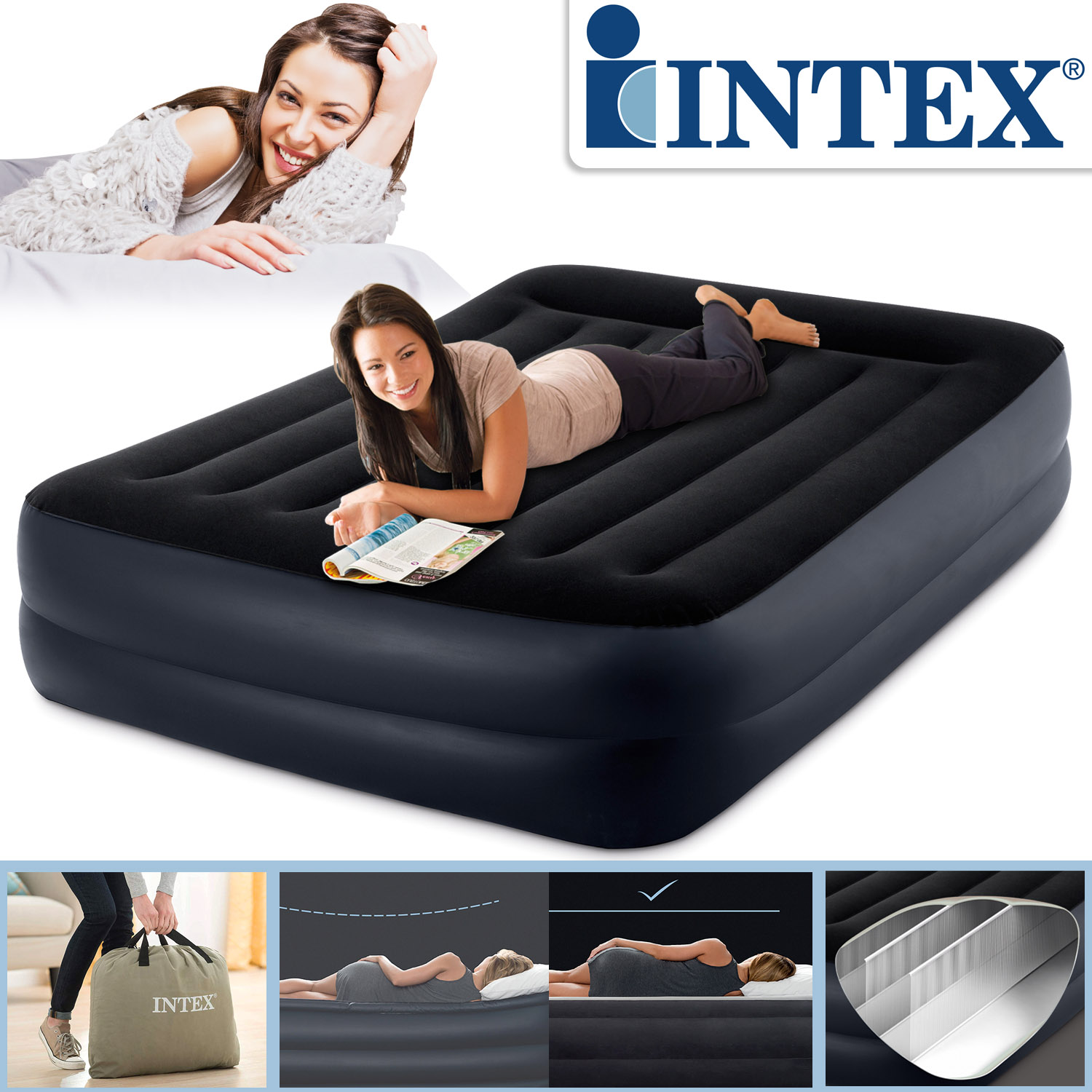 Intex Luftbett 203 x 152 x 42 cm Dura-Beam Standard | mit integrierter Elektropumpe