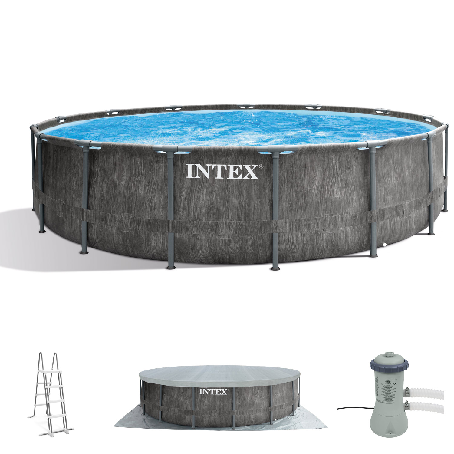 Intex Frame Pool 457 x 122 cm Komplettset Greywood | Rundpool mit Zubehör