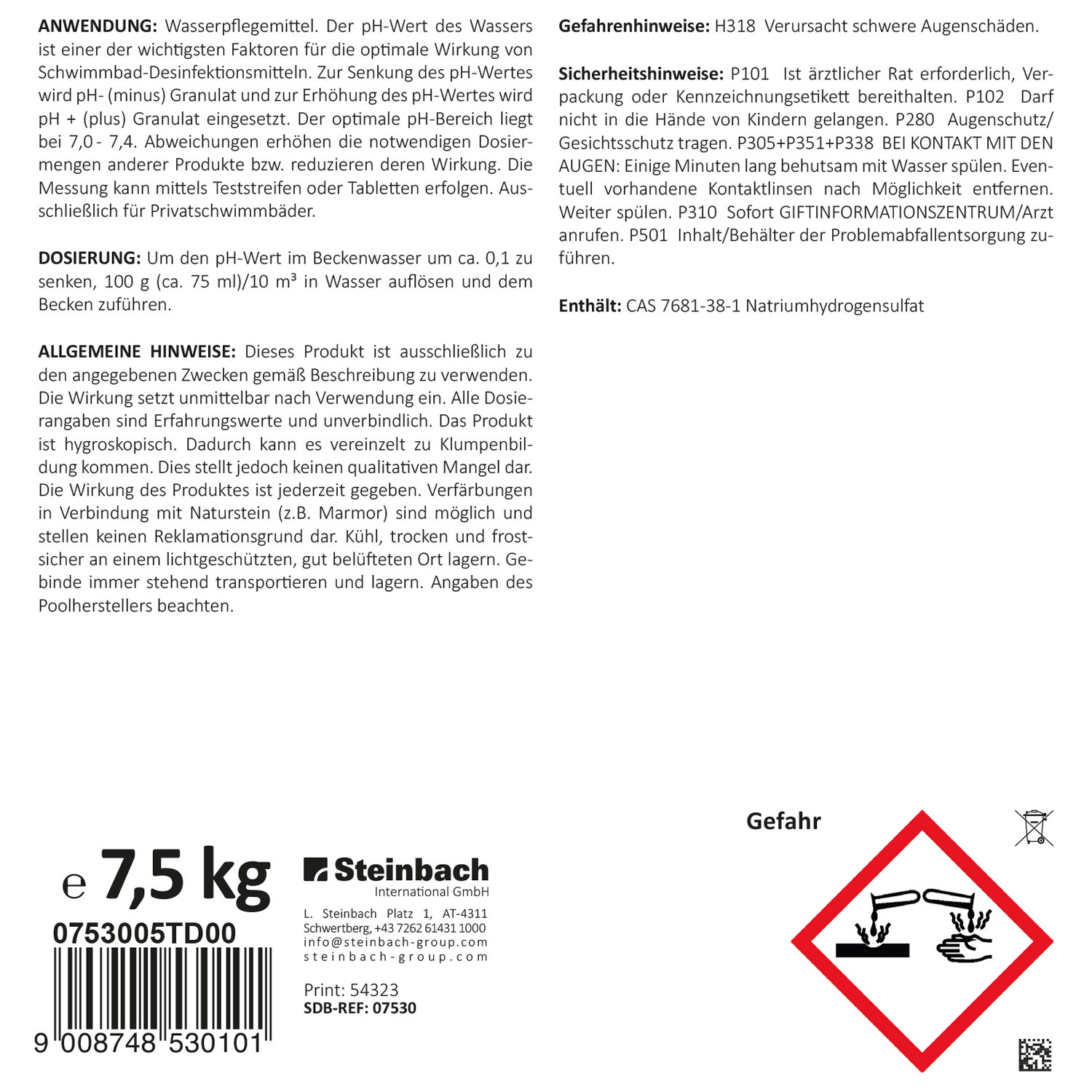 Steinbach pH Minus Granulat | schnelllöslich | 2 x 7,5 kg