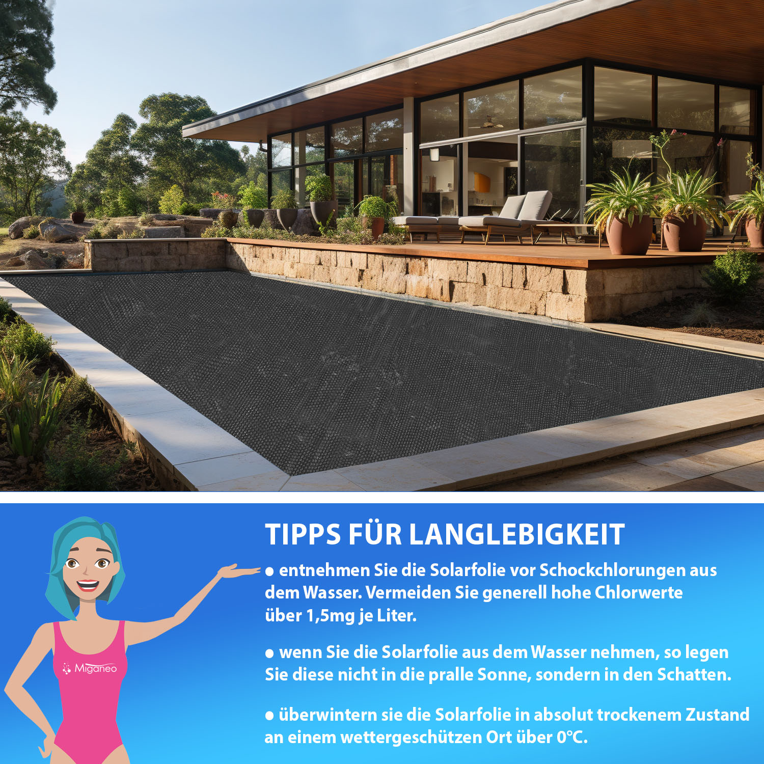 Miganeo Pool Solarfolie 800 x 400 cm Deluxe rechteckig | 180 my | schwarz | 12 mm Luftblasen