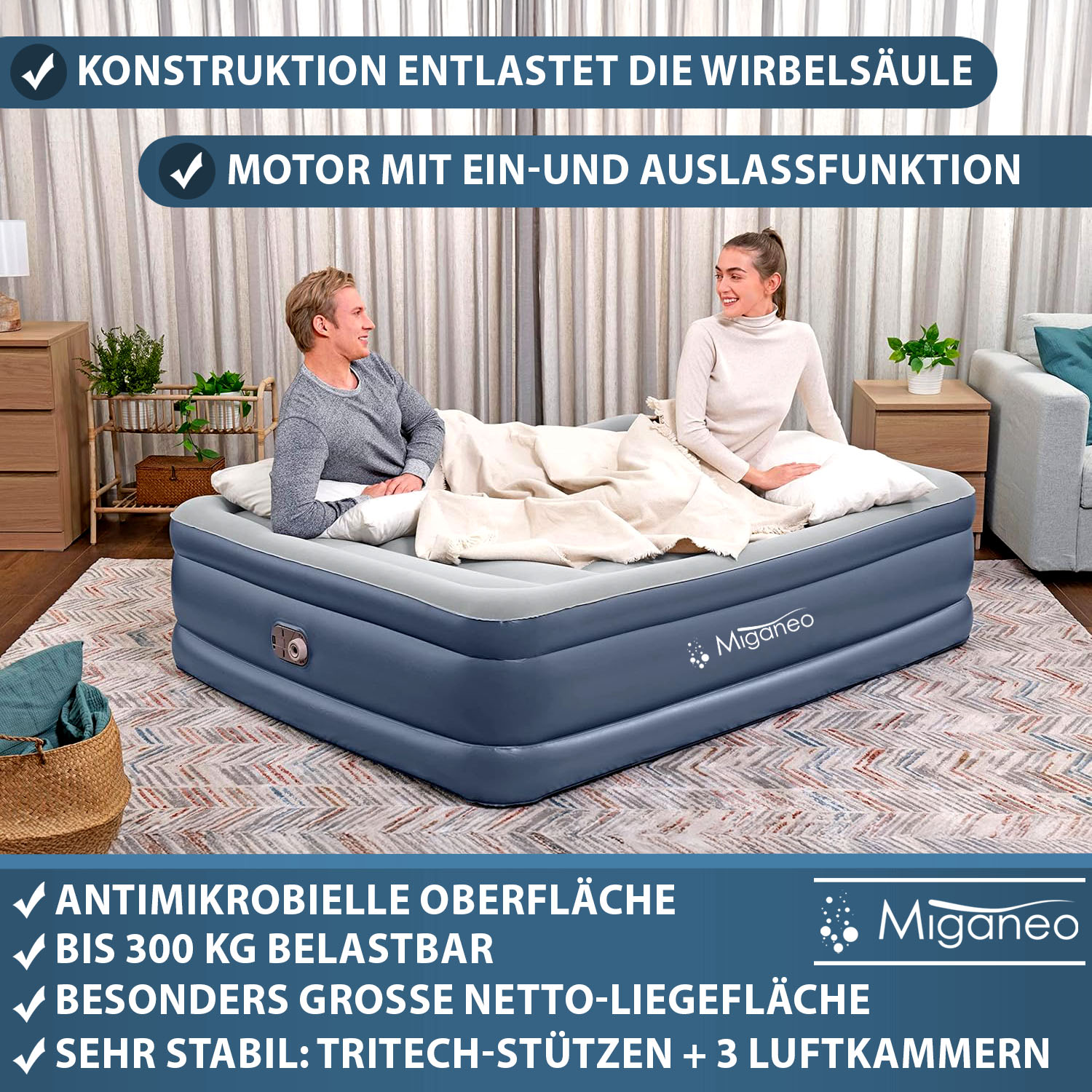 Miganeo Luftbett 203 x 152 x 51 cm Deluxe | mit integrierter Elektropumpe