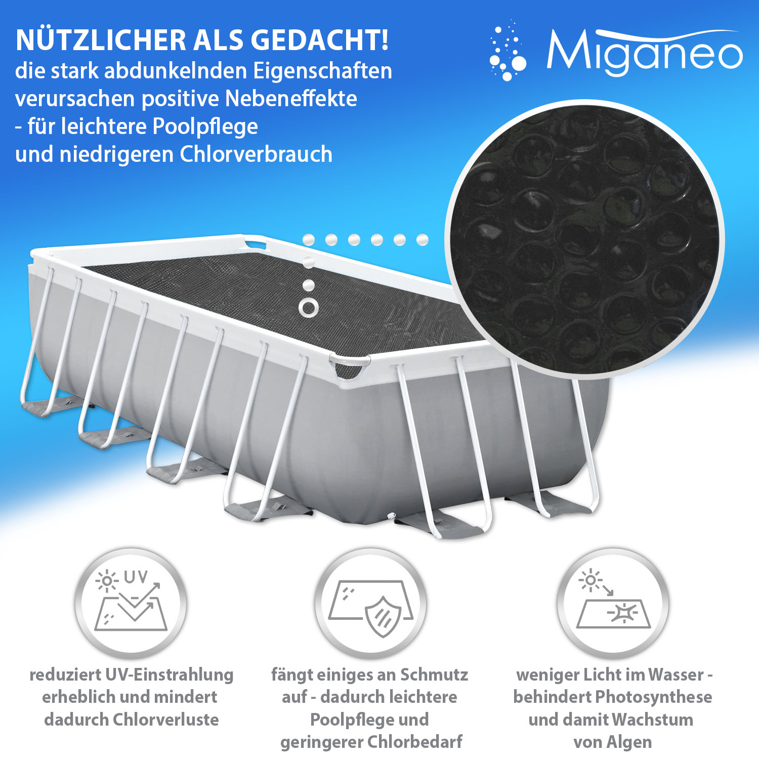 Miganeo Pool Solarfolie 600 x 400 cm Deluxe rechteckig |180 my | schwarz | 12 mm Luftblasen