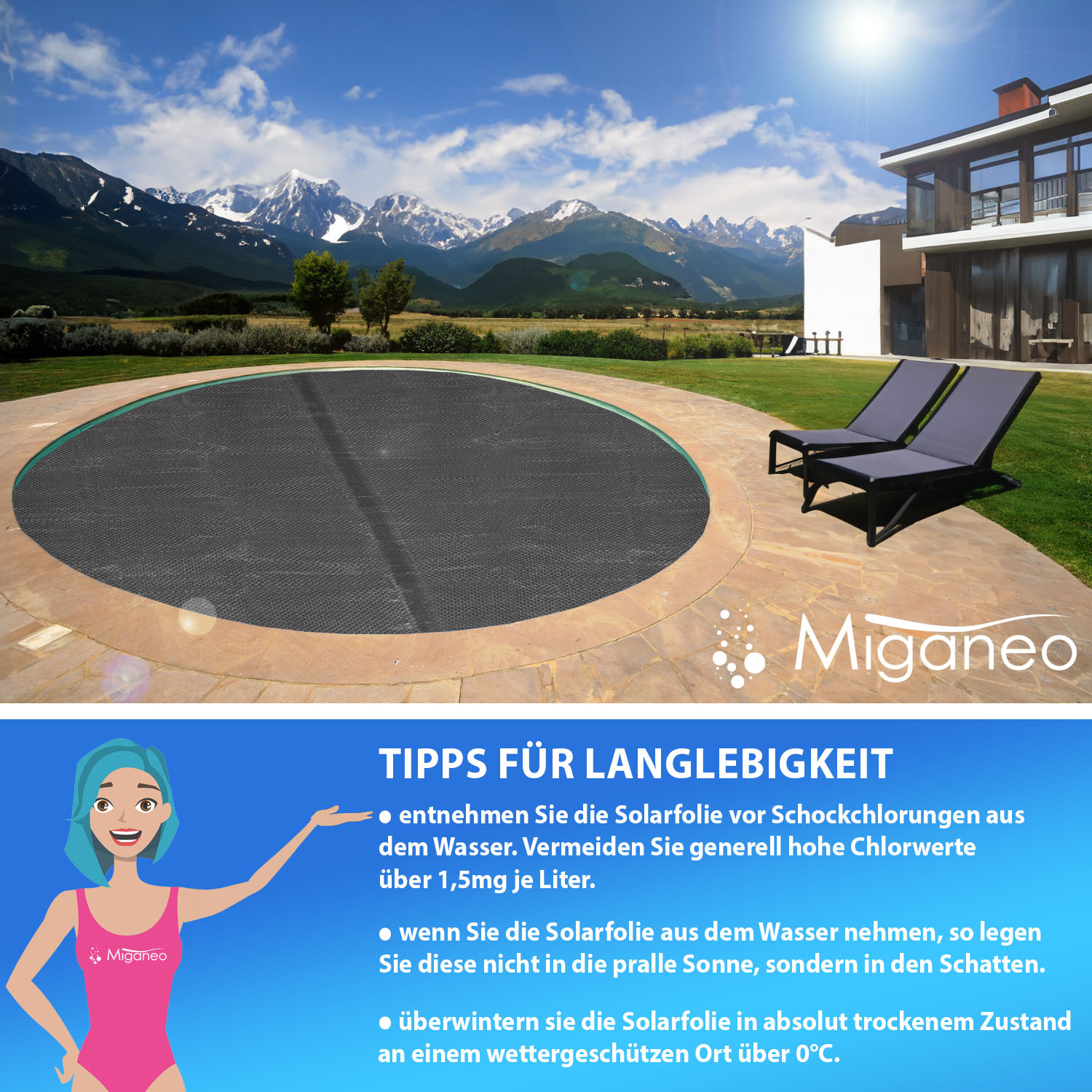 Miganeo Pool Solarfolie Ø 244 cm Deluxe rund | schwarz | 180 my | 12 mm Luftblasen