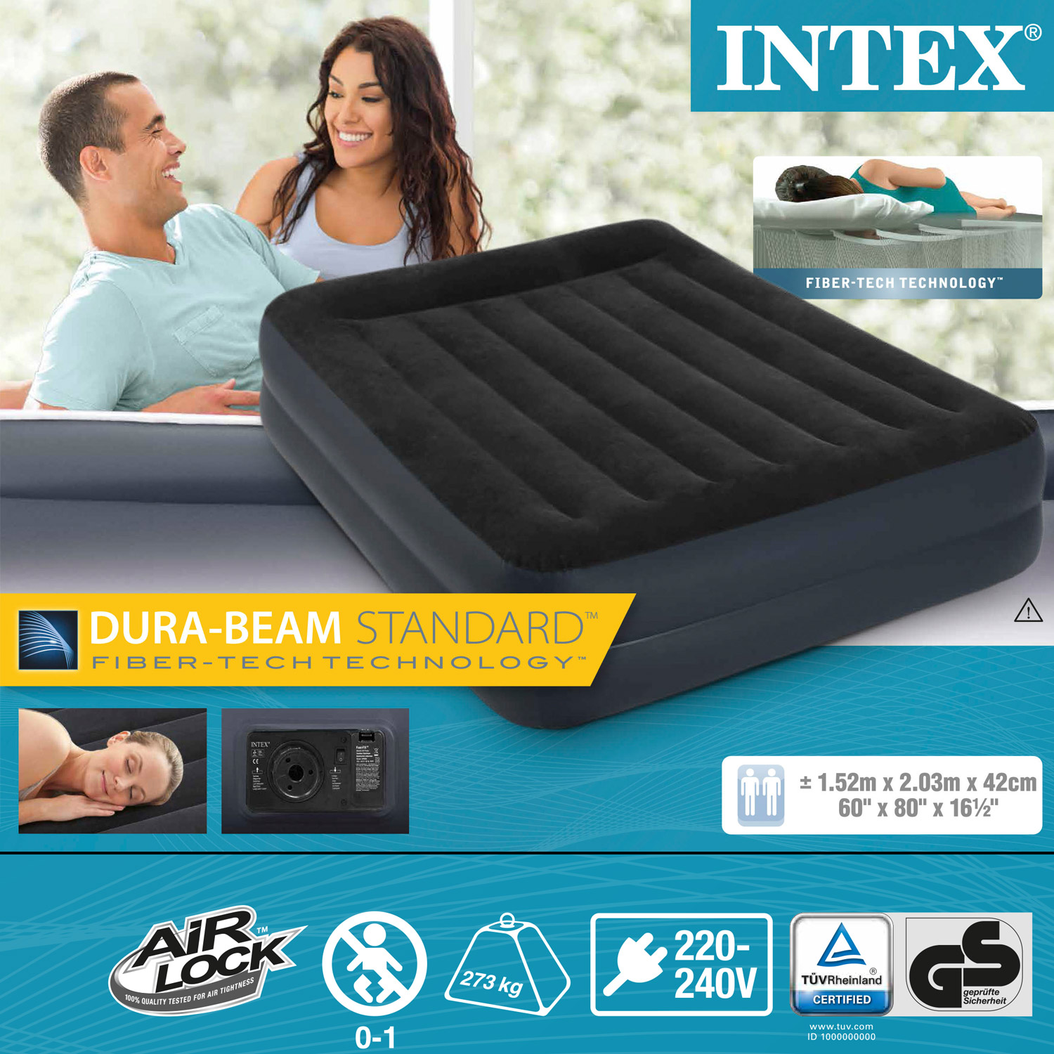 Intex Luftbett 203 x 152 x 42 cm Dura-Beam Standard | mit integrierter Elektropumpe