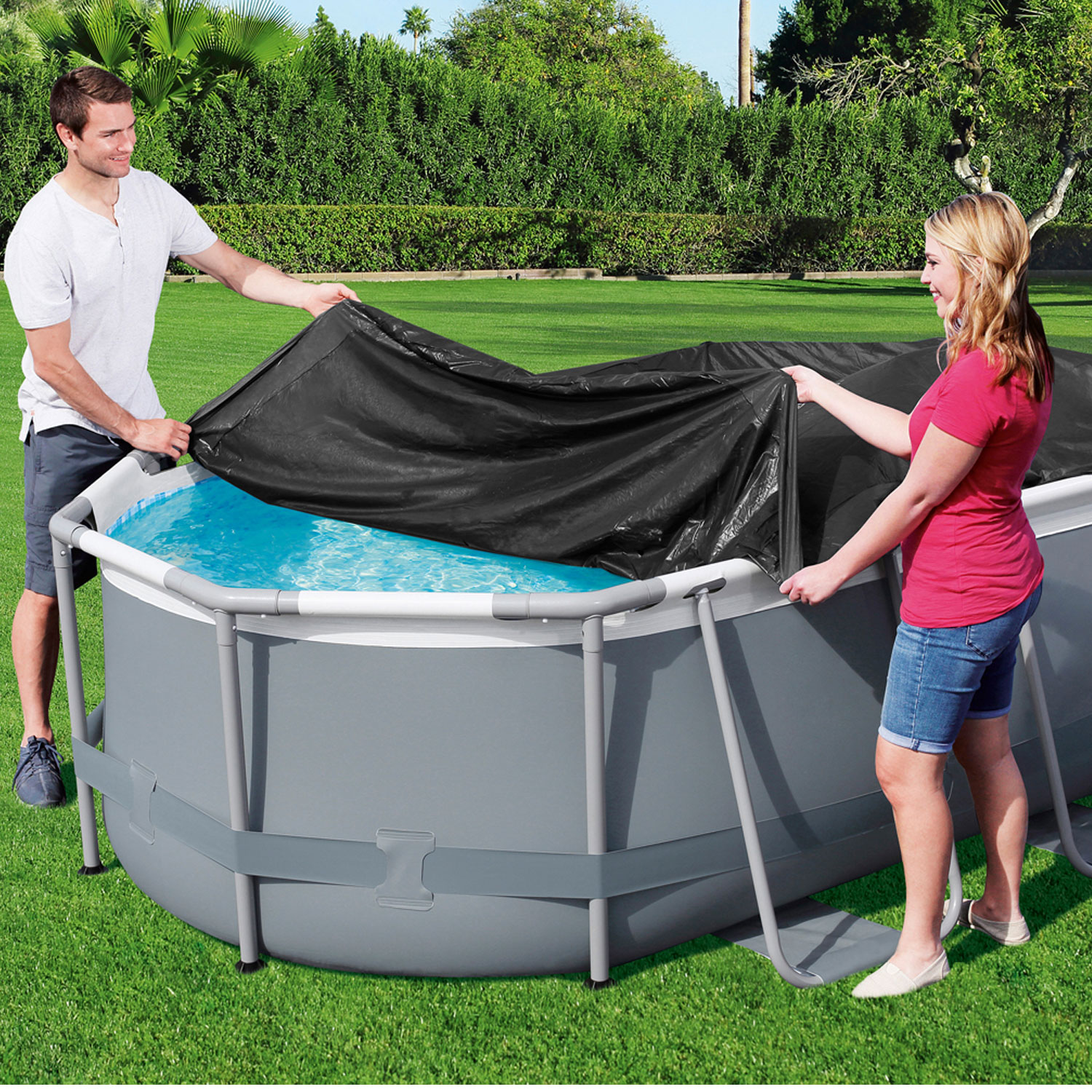 Bestway Abdeckplane 305 x 200 cm oval | schwarz | PVC Frame Pool Abdeckung