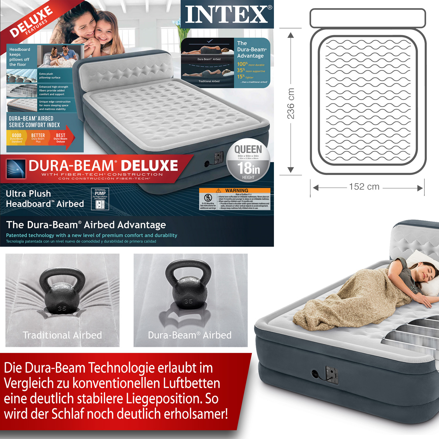 Intex Luftbett 236 x 152 x 86 cm | mit integrierter Elektropumpe | für 2 Personen