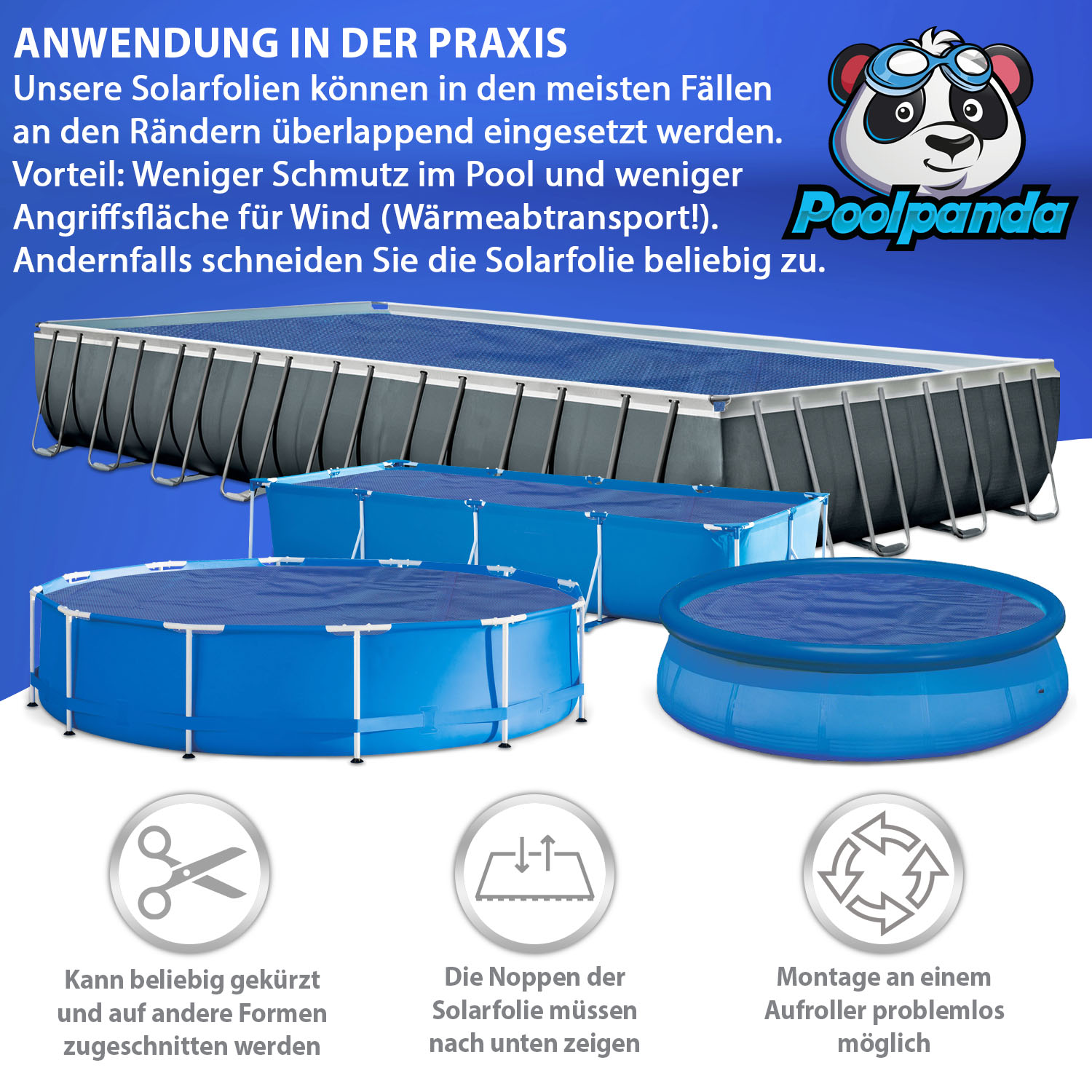 Poolpanda Pool Solarfolie Ø 366 cm Elite rund | 400 my | schwarz/blau | 15 mm Luftblasen