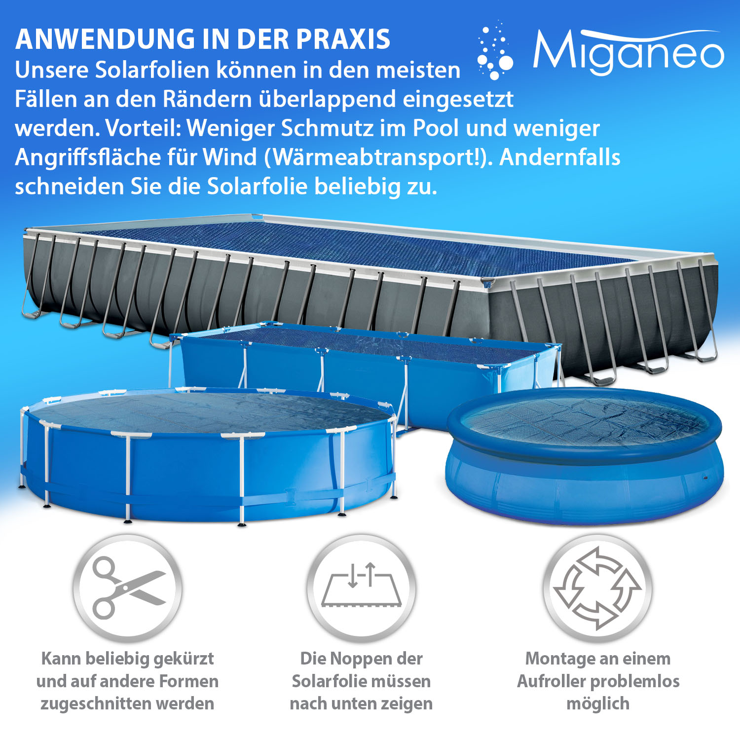 Miganeo Pool Solarfolie 260 x 160 cm rechteckig | schwarz/blau