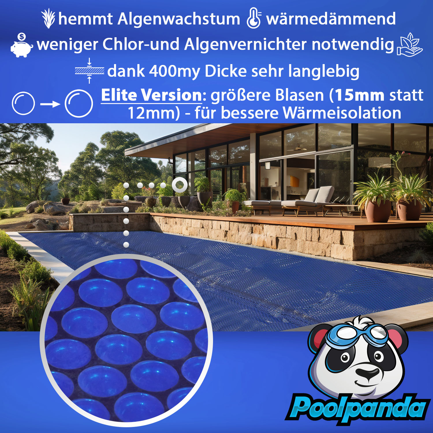Poolpanda Pool Solarfolie 800 x 400 cm Elite rechteckig | 400 my | schwarz/blau | 15 mm Luftblasen