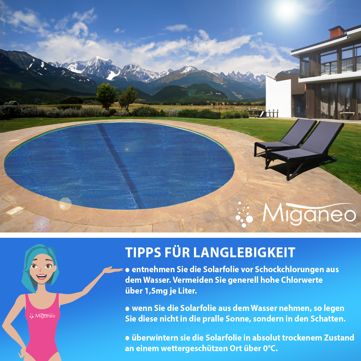 Miganeo Pool Solarfolie Ø 488 cm rund | schwarz/blau