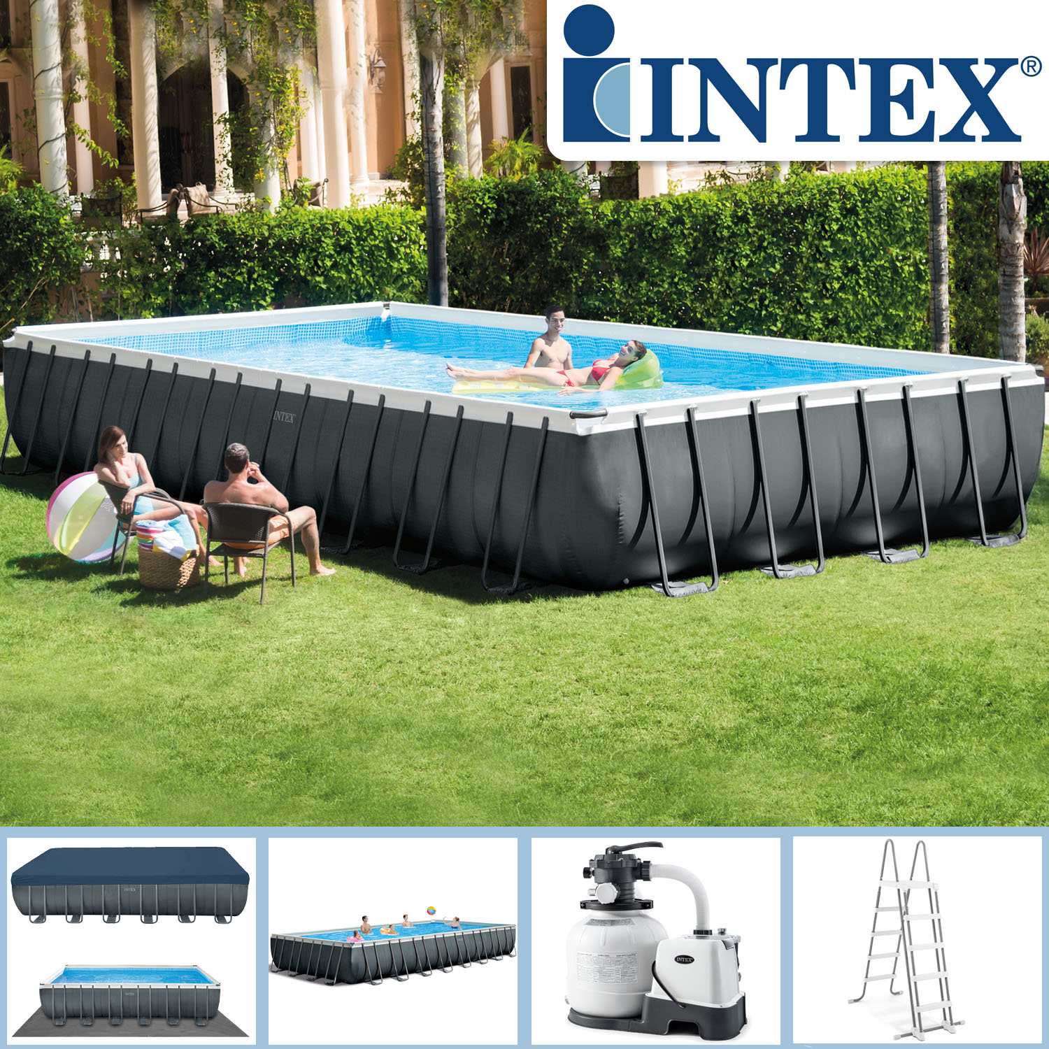 Intex Frame Pool 975 x 488 x 132 cm Komplettset | Rechteckpool mit Zubehör