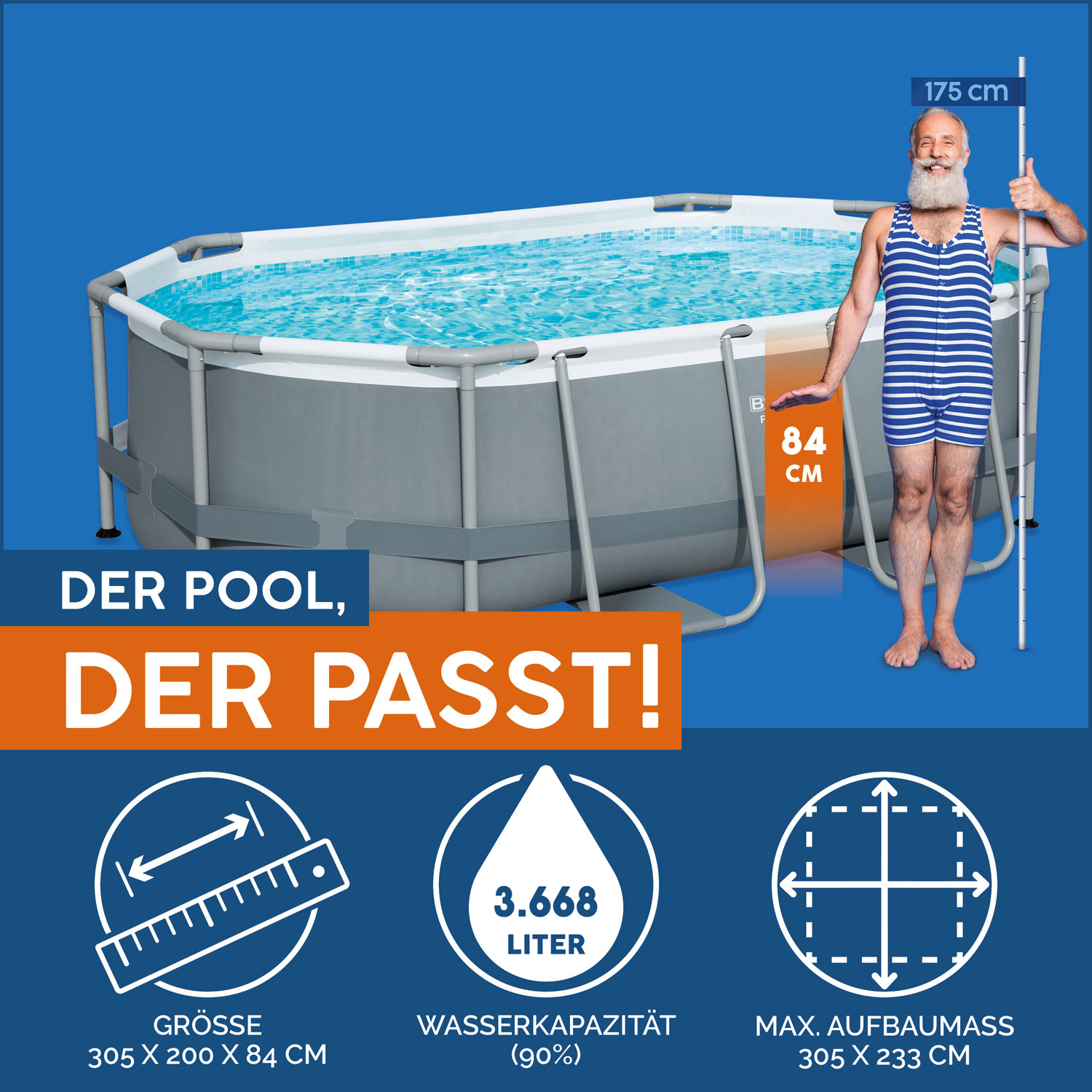 Bestway Frame Pool 305 x 200 x 84 cm | Ovaler Pool mit Kartuschenfilteranlage