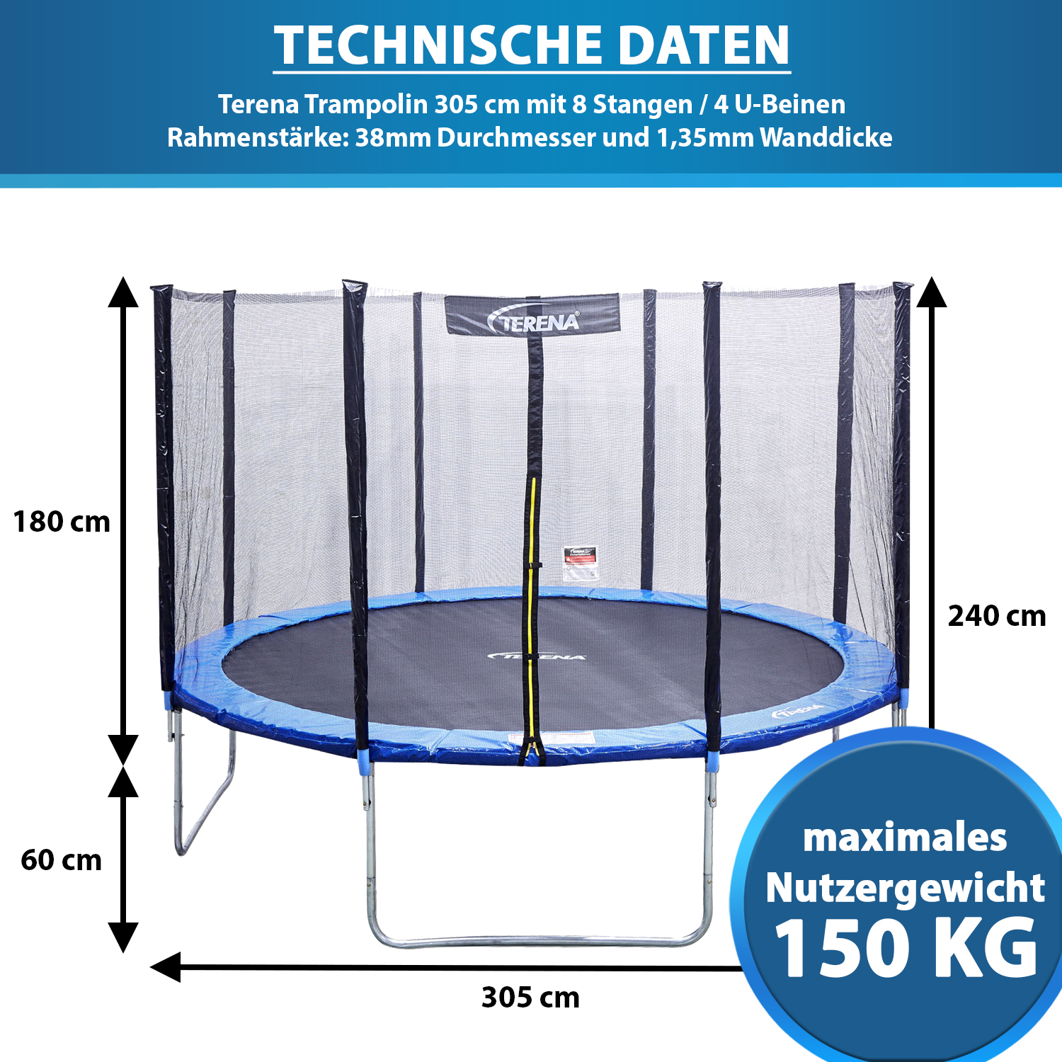Terena Trampolin ø 305 cm mit Sicherheitsnetz | bis 150 kg