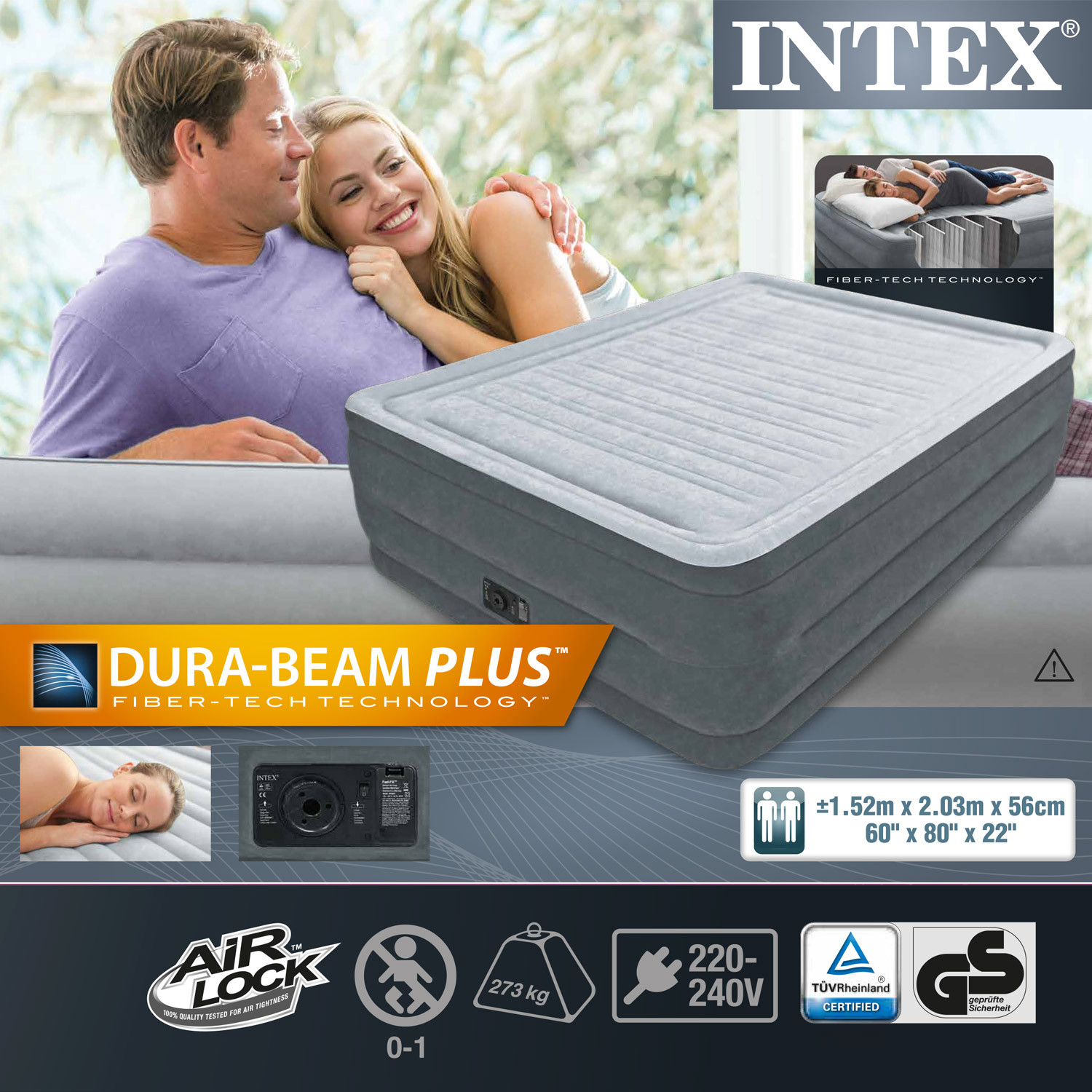 Intex Luftbett 203 x 152 x 56 cm | mit integrierter Elektropumpe
