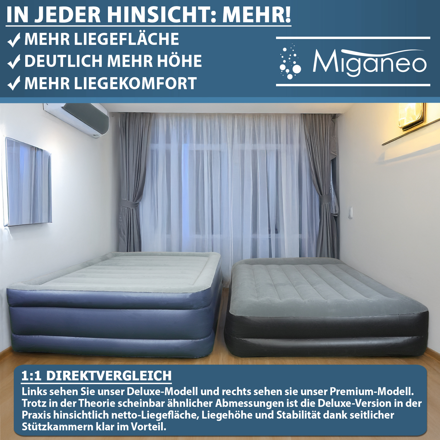Miganeo Luftbett 203 x 152 x 51 cm Deluxe | mit integrierter Elektropumpe